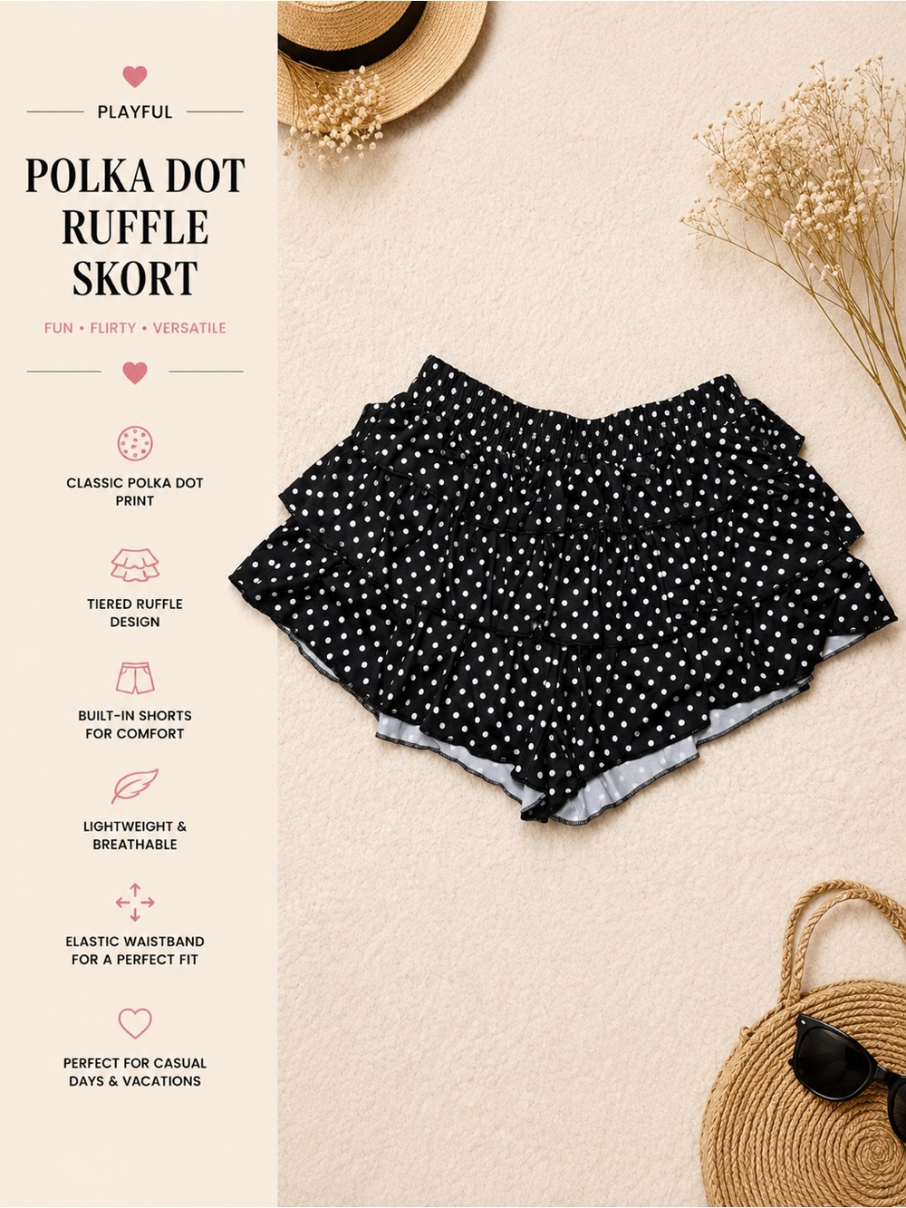 Black White Polka Dot Tiered Ruffle Shorts | Size XS
